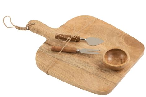 J-Line Cheese Board with Knife and Bowl Mango Wood Natural White
