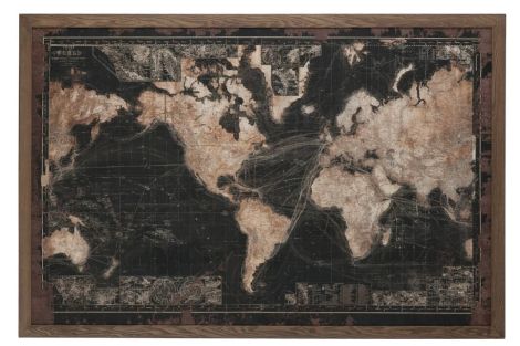 J-Line Frame Led Batteries World Map Wood Canvas Black Brown