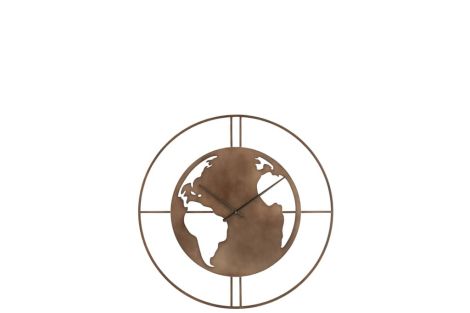 J-Line Clock World Map Holes Metal Dark Brown Small