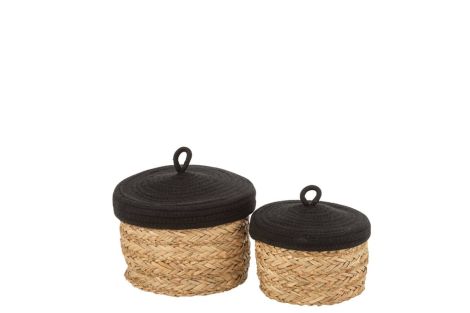 J-Line Baskets with Lid Round Grass Cotton Natural Black (2-piece)