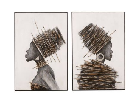 J-Line Painting African Woman Wood Canvas Brown Grey (2-piece)