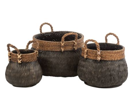 J-Line Baskets with Handle Bulb Bamboo and Rope Black (3-piece)