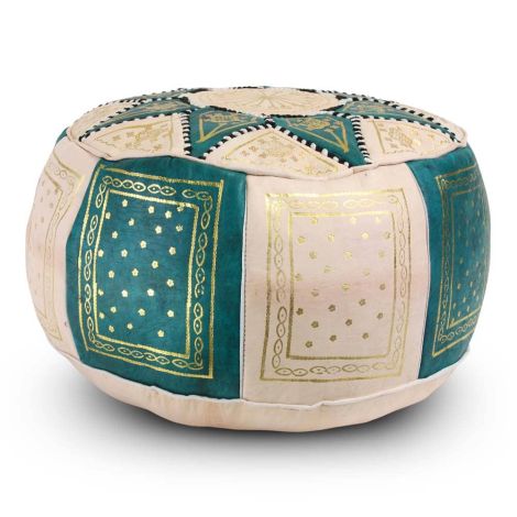 Moroccan Pouf Leather Natural with Green Gold Round