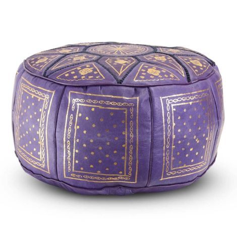 Moroccan Footstool Leather Purple with Gold Round