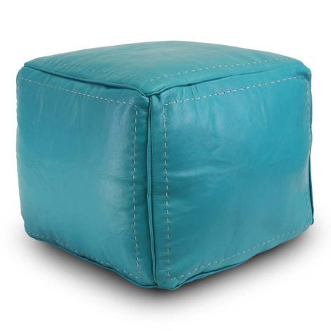 Moroccan Pouf Leather Turquoise Square