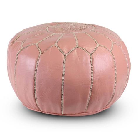 Moroccan Footstool Leather Soft Pink White Round