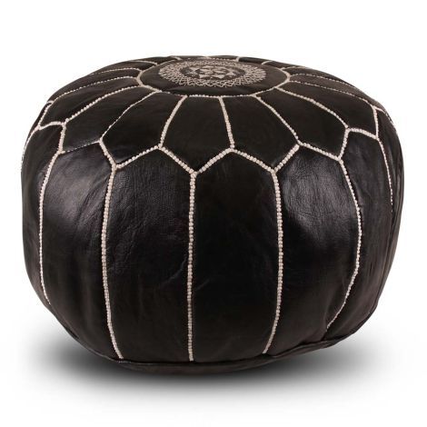 Moroccan Pouf Leather Black Round