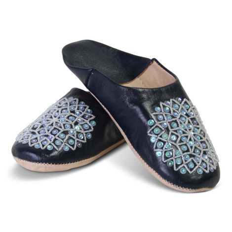 Moroccan Slippers Leather Dark Blue Sequins