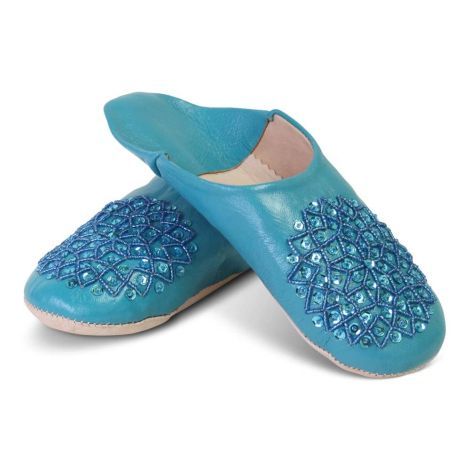 Moroccan Slippers Leather Light Blue Sequins