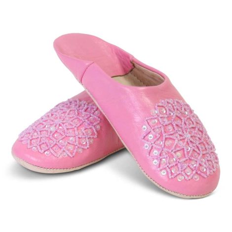 Moroccan Slippers Leather Pink Sequins