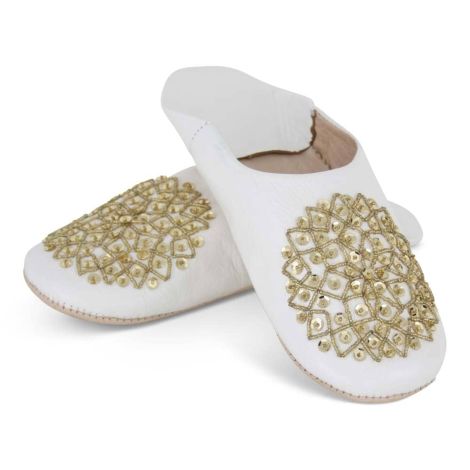 Moroccan Slippers Leather White Gold Sequins