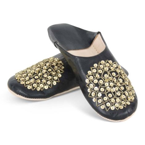 Moroccan Slippers Leather Black Gold Sequins
