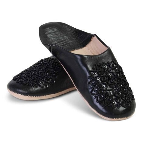 Moroccan Slippers Leather Black Sequins