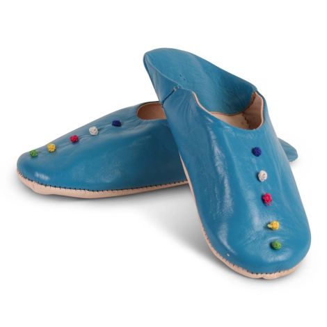 Moroccan slippers Pompoms Blue