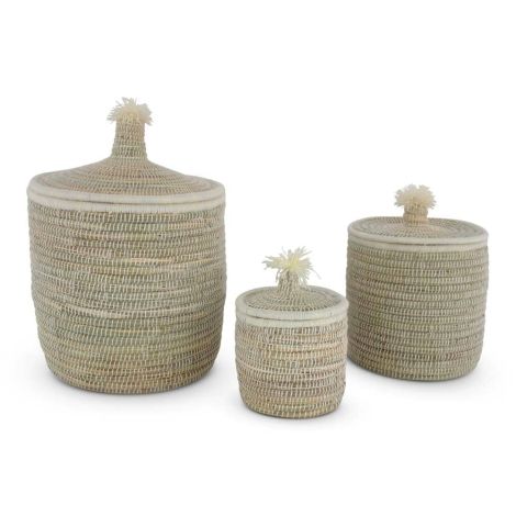 Wicker Sea Grass Basket Natural-White Pompom