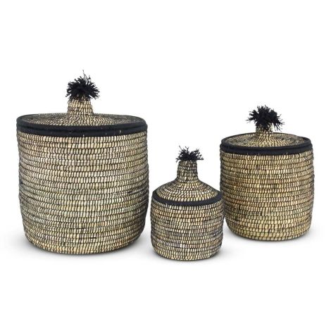 Wicker Sea Grass Basket Natural-Black Pompom