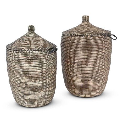 Wicker Baskets with Lid of Sea Grass Natural-Black