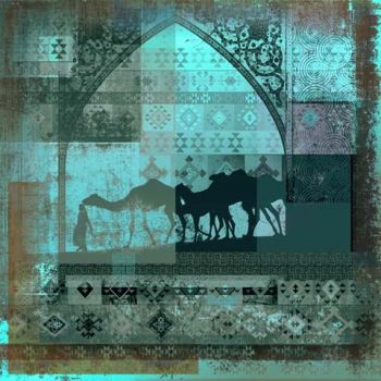 Arabic painting Camels turquoise