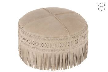 J-Line Pouf Fringes Round Leather Light Grey