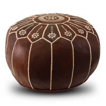Moroccan Footstool Leather Dark Brown Round