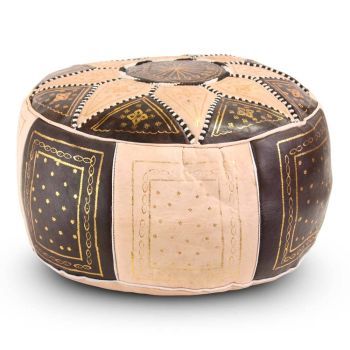 Moroccan Pouf Leather Natural Chestnut Brown Gold Round