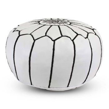 Moroccan Pouf Leather White-Black Round