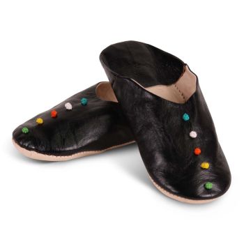 Moroccan Slippers Pompoms Black