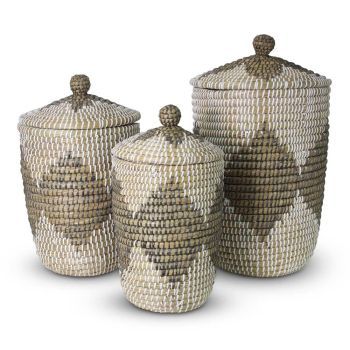 Wicker Basket with Lid of Sea Grass Black - White