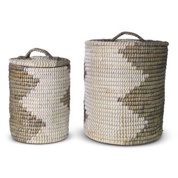 Wicker Laundry Basket with Lid of Seagrass Grey-White